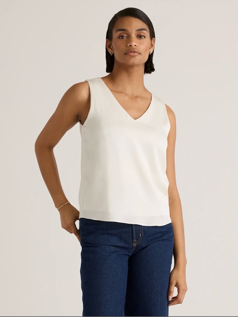 Quince Women’s Washable Stretch Silk V-Neck Lined Tank In Ivory Size Medium